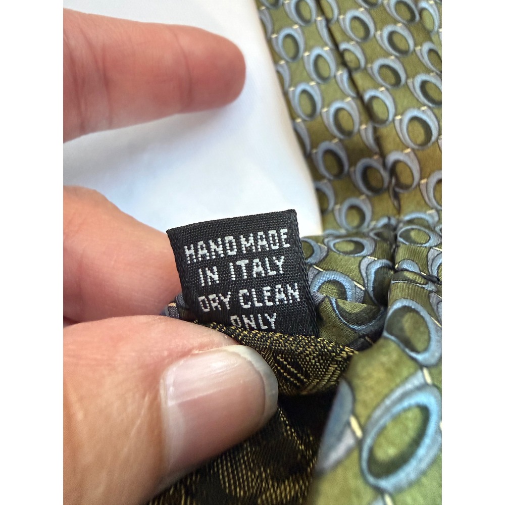 Kolte Italy Mens Silk Tie Olive Green Grey Geometric Oval Pattern Handmade Italy - Picture 4 of 6